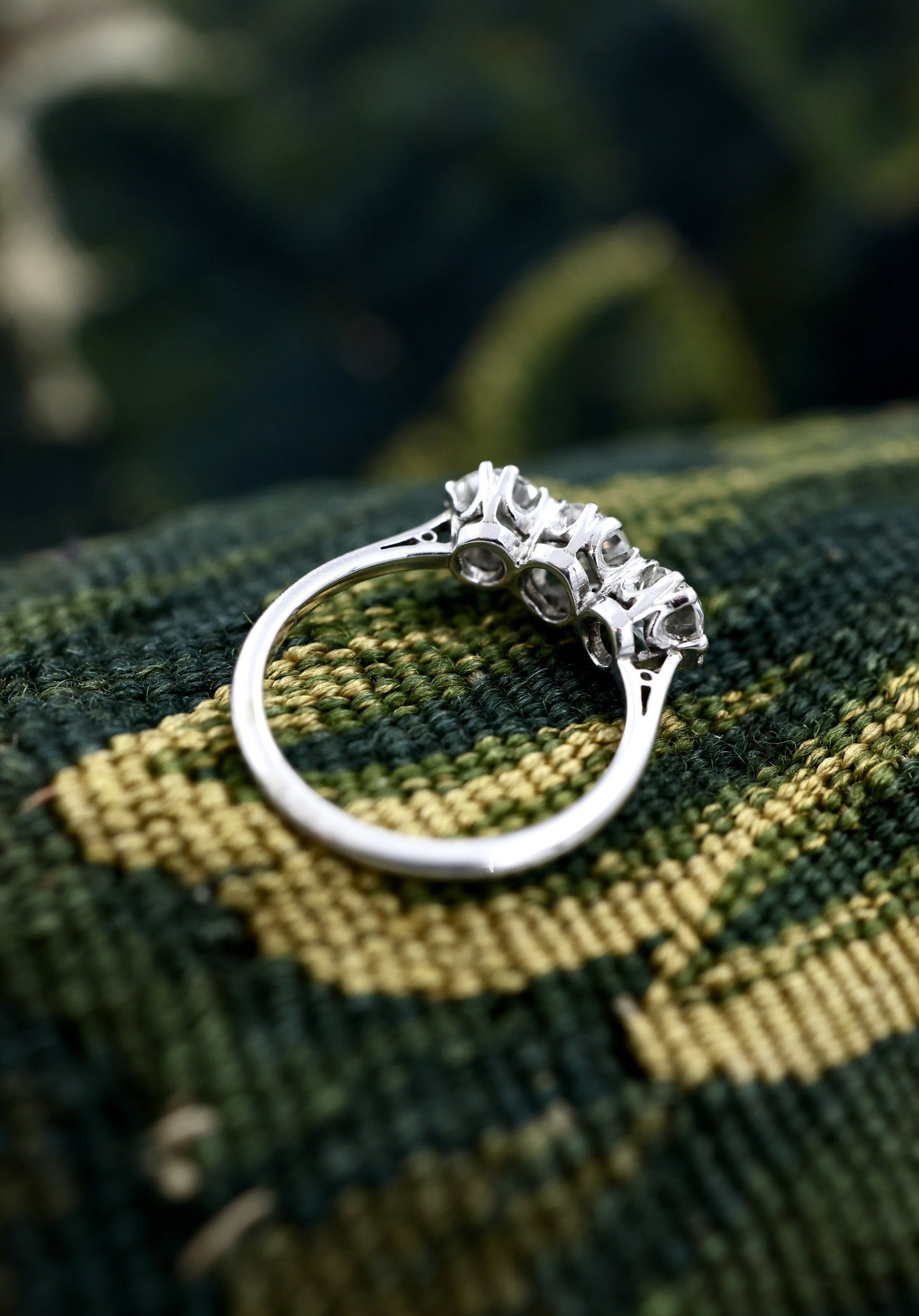 A very fine 18 carat White Gold (stamped), Three Stone Engagement Ring set with 2.25 Carats of Old Cut E - F Colour, VS Clarity Diamonds. Pre-owned. - Robin Haydock Antiques