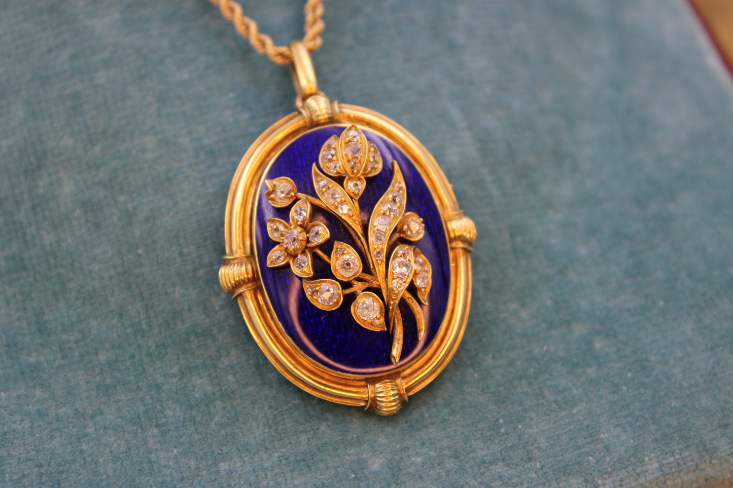 A Victorian Cobalt Blue Enamel & Diamond Floral Design Pendant set in 18ct Yellow Gold, English, Circa 1860 - Robin Haydock Antiques