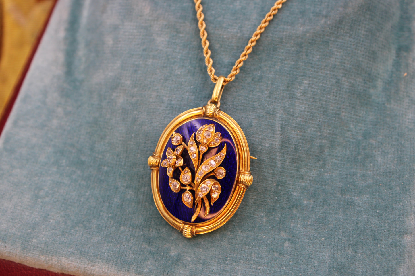 A Victorian Cobalt Blue Enamel & Diamond Floral Design Pendant set in 18ct Yellow Gold, English, Circa 1860 - Robin Haydock Antiques