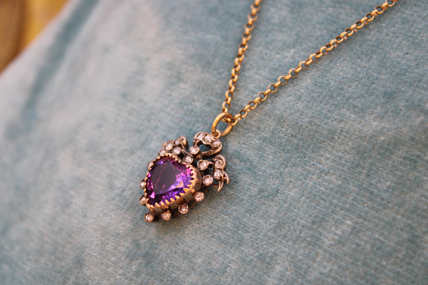 A Victorian Amethyst & Diamond heart pendant set in High Carat Yellow Gold & Silver, English, Circa 1880 - Robin Haydock Antiques