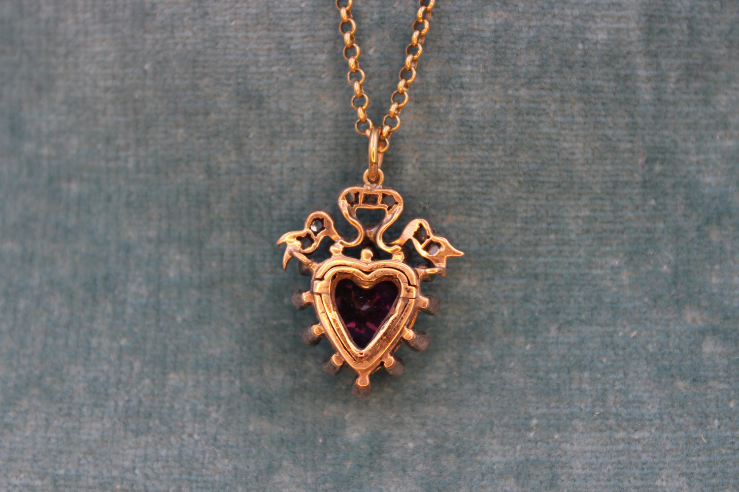 A Victorian Amethyst & Diamond heart pendant set in High Carat Yellow Gold & Silver, English, Circa 1880 - Robin Haydock Antiques