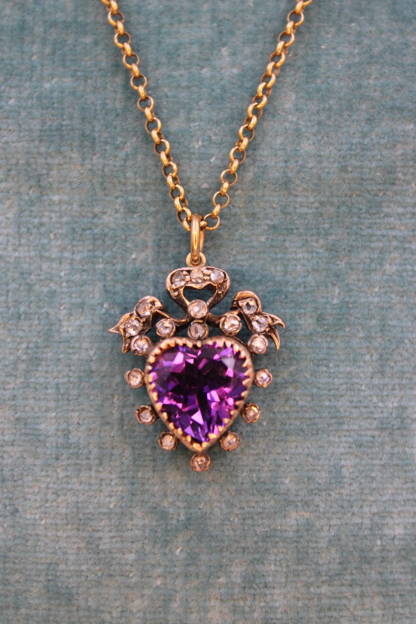 A Victorian Amethyst & Diamond heart pendant set in High Carat Yellow Gold & Silver, English, Circa 1880 - Robin Haydock Antiques