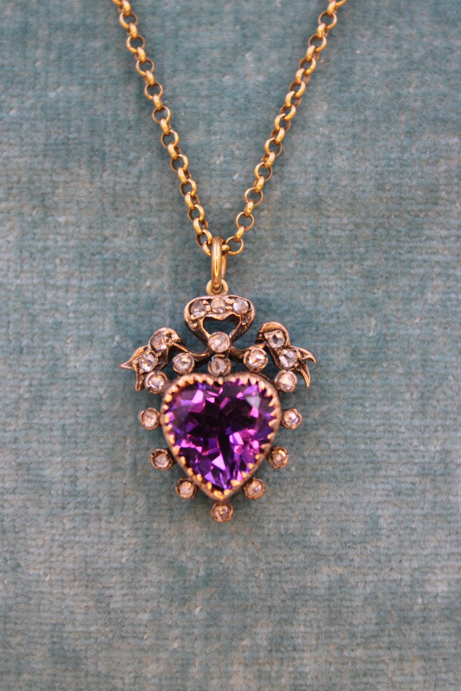A Victorian Amethyst & Diamond heart pendant set in High Carat Yellow Gold & Silver, English, Circa 1880 - Robin Haydock Antiques