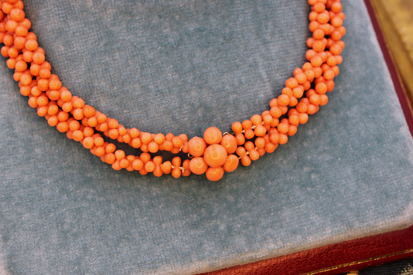 A natural Coral graduated double row necklace with a Coral and 9ct Yellow Gold Clasp, Circa 1940 - Robin Haydock Antiques