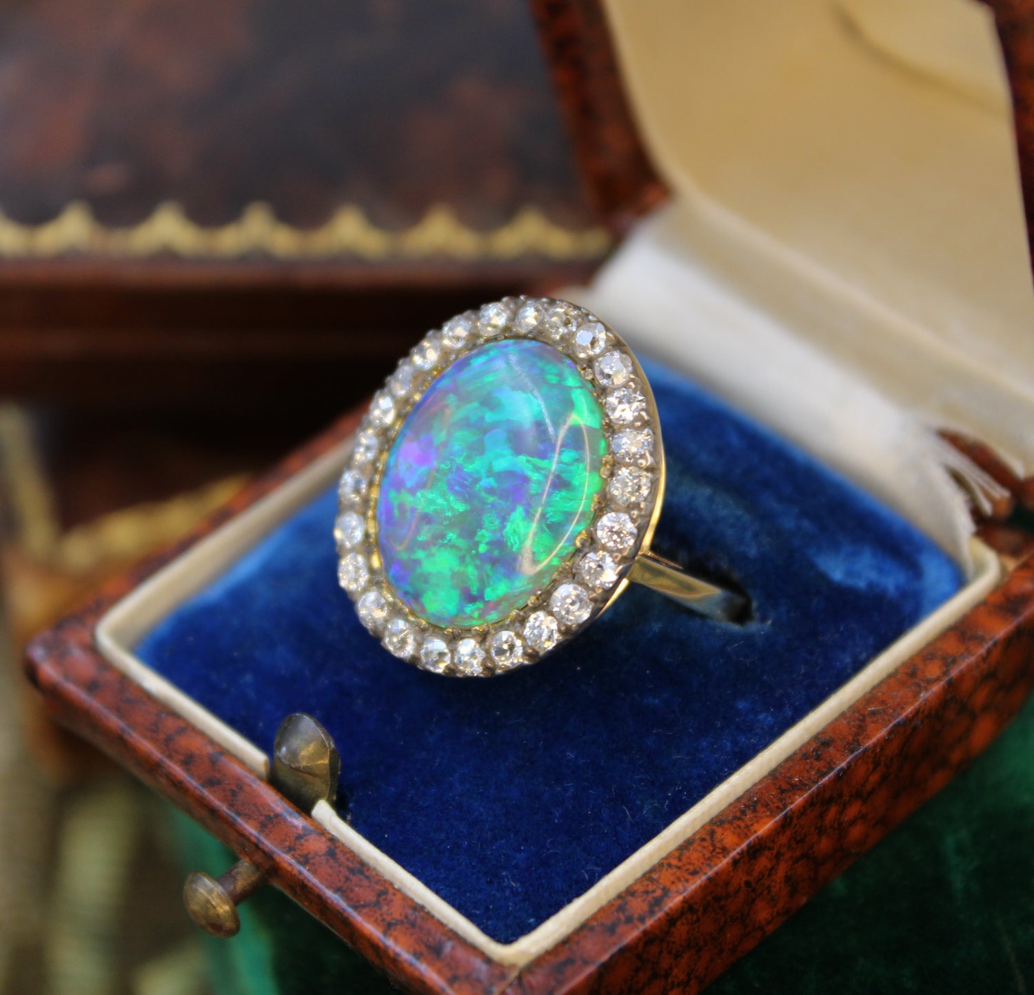 An Opal & DIamond Cluster Ring set in 14ct Yellow Gold & Silver, Continental, Circa 1905 - Robin Haydock Antiques