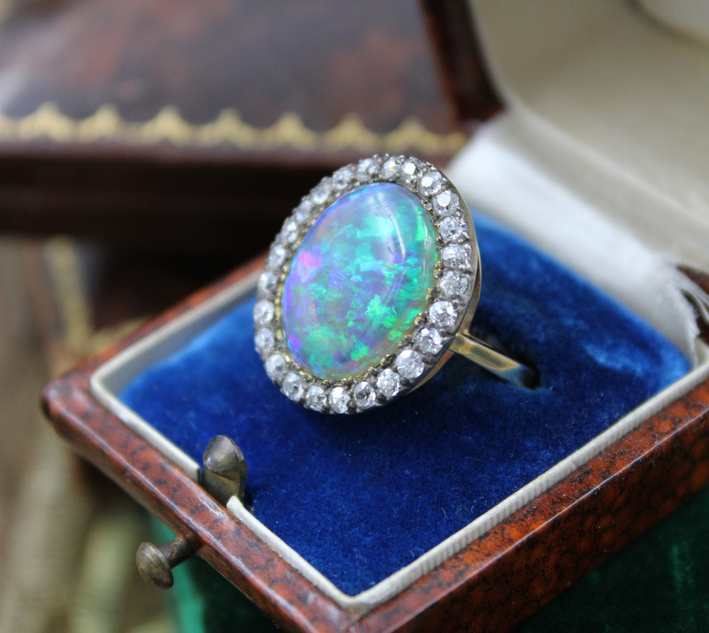 An Opal & DIamond Cluster Ring set in 14ct Yellow Gold & Silver, Continental, Circa 1905 - Robin Haydock Antiques