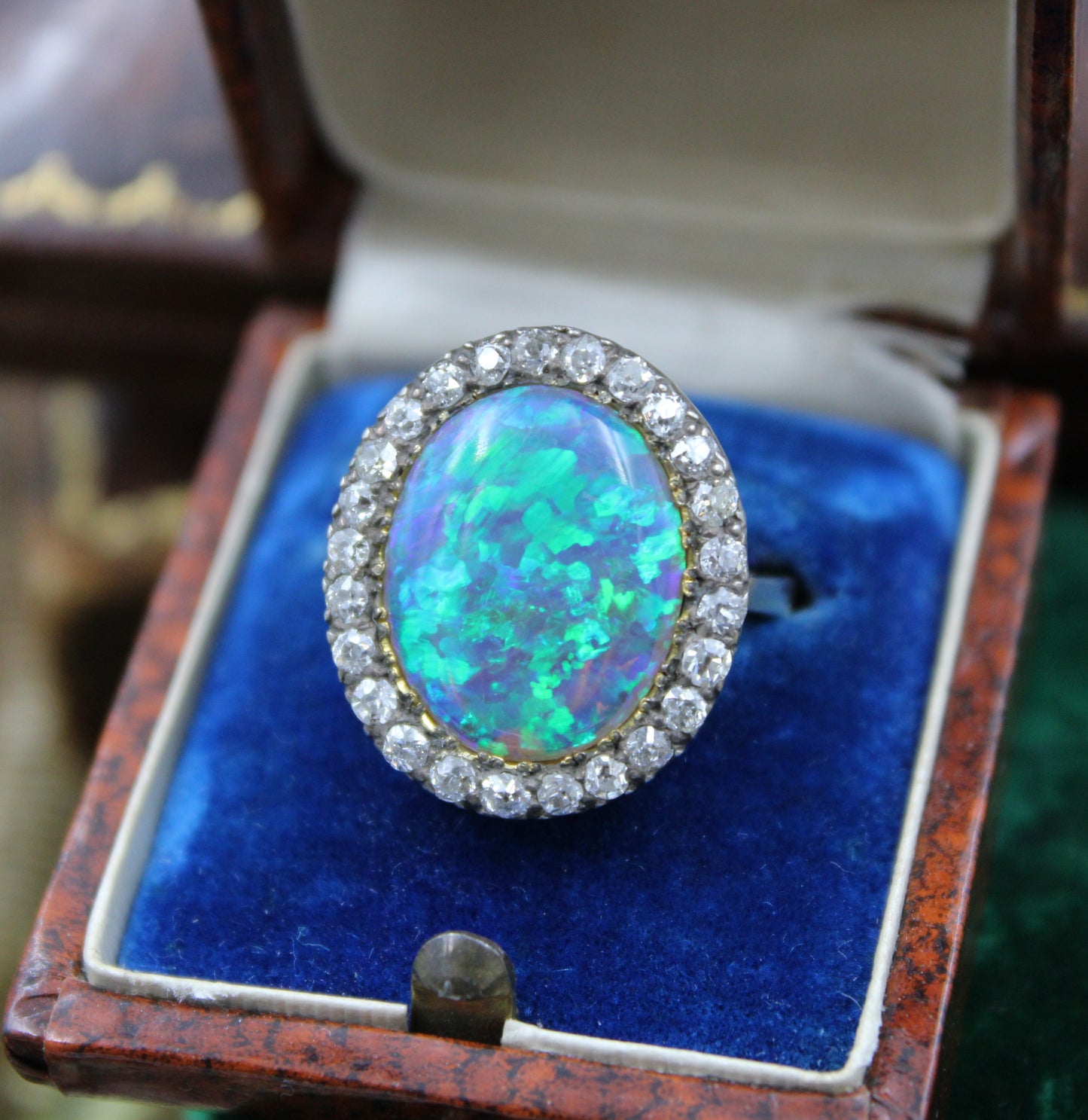 An Opal & DIamond Cluster Ring set in 14ct Yellow Gold & Silver, Continental, Circa 1905 - Robin Haydock Antiques