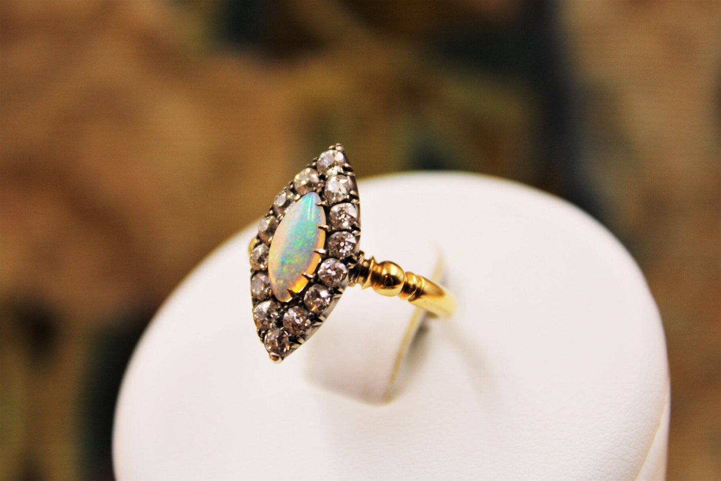 A Marquise-cut Australian Opal & Diamond Ring set in 18ct Yellow Gold & Silver, Circa 1900-1905 - Robin Haydock Antiques