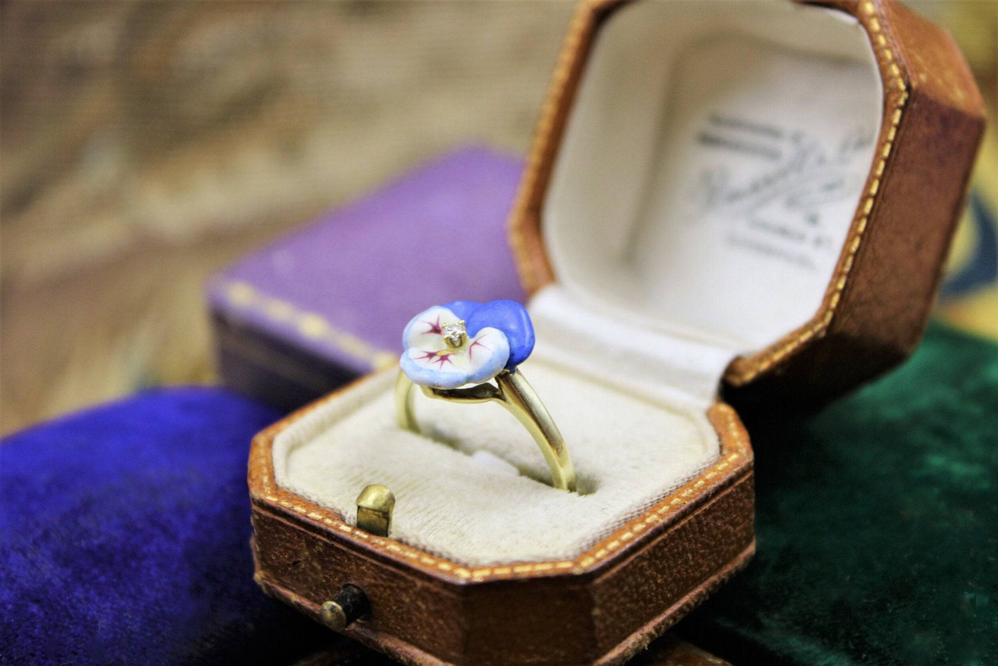 A very fine Soft Paste Enamel & Diamond Pansy Ring set in High Carat Yellow Gold, Circa 1890 - Robin Haydock Antiques