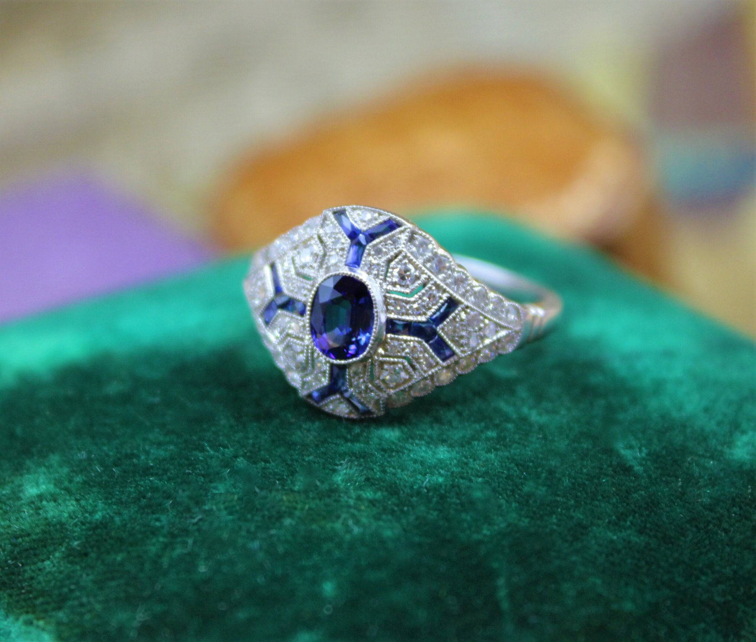 An Art Deco Style Sapphire & Diamond Demi-Bombe Ring mounted in Platinum, Mid-late 20th Century - Robin Haydock Antiques