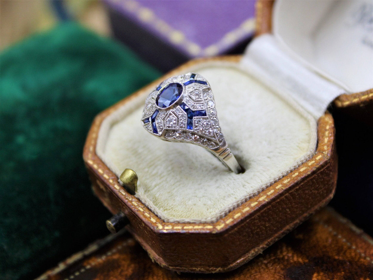 An Art Deco Style Sapphire & Diamond Demi-Bombe Ring mounted in Platinum, Mid-late 20th Century - Robin Haydock Antiques