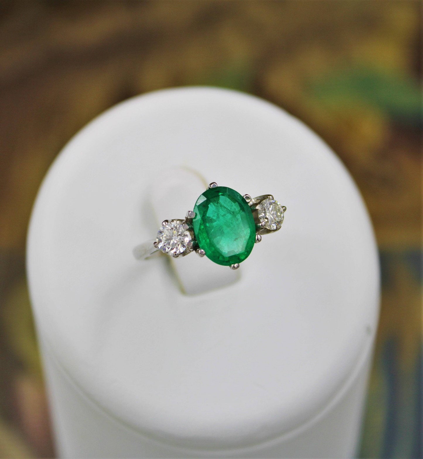 A very fine Emerald & Diamond Three Stone Ring set in Platinum, Circa 1980 - Robin Haydock Antiques