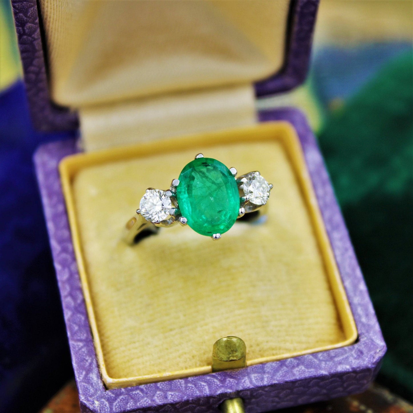 A very fine Emerald & Diamond Three Stone Ring set in Platinum, Circa 1980 - Robin Haydock Antiques