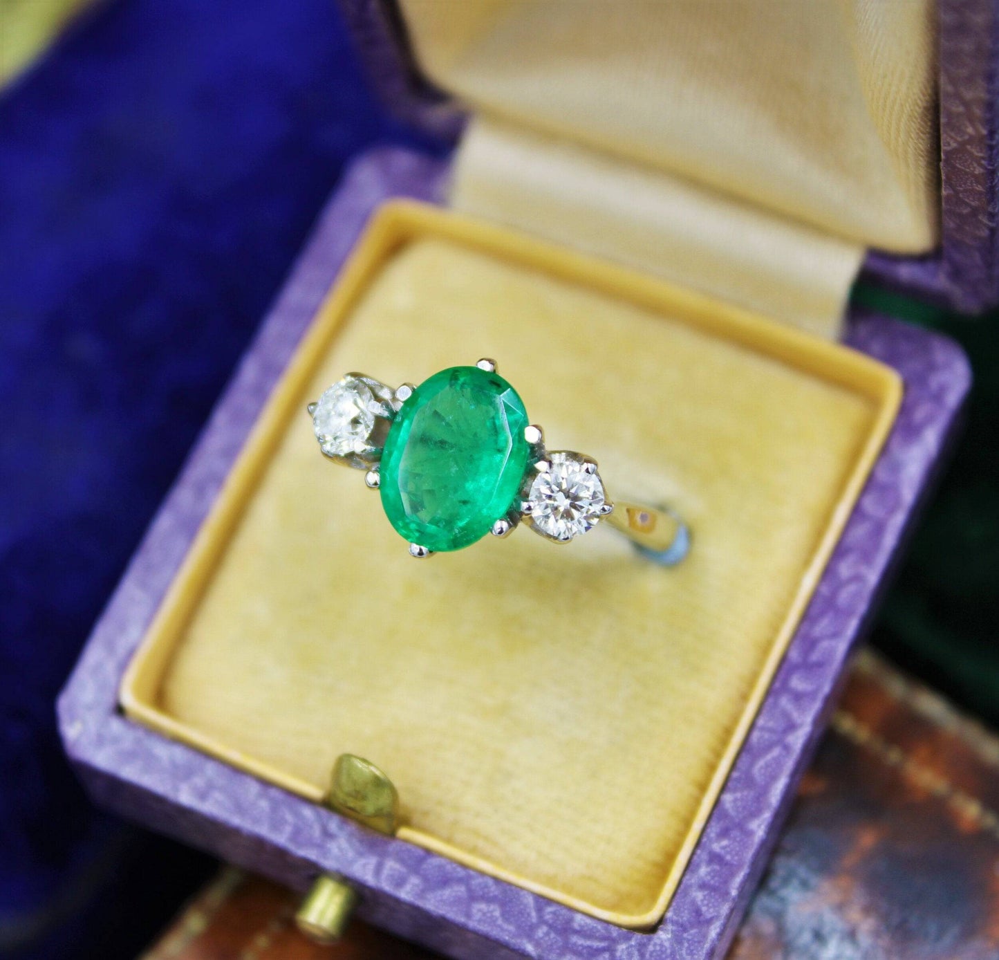 A very fine Emerald & Diamond Three Stone Ring set in Platinum, Circa 1980 - Robin Haydock Antiques