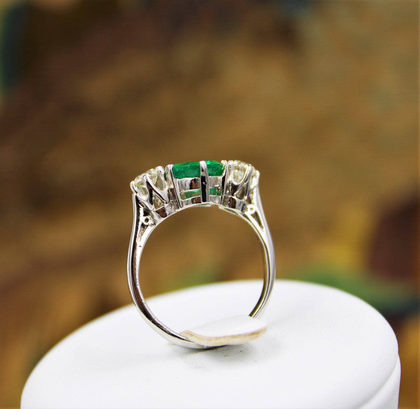 A very fine Emerald & Diamond Three Stone Ring set in Platinum, Circa 1980 - Robin Haydock Antiques