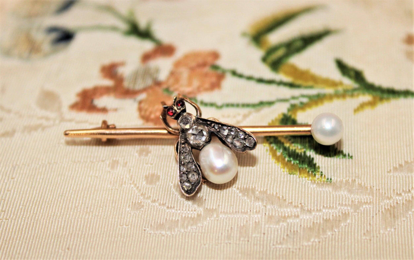 A Natural Pearl, Diamond and Ruby Fly Brooch, Russian, Circa 1890 - Robin Haydock Antiques