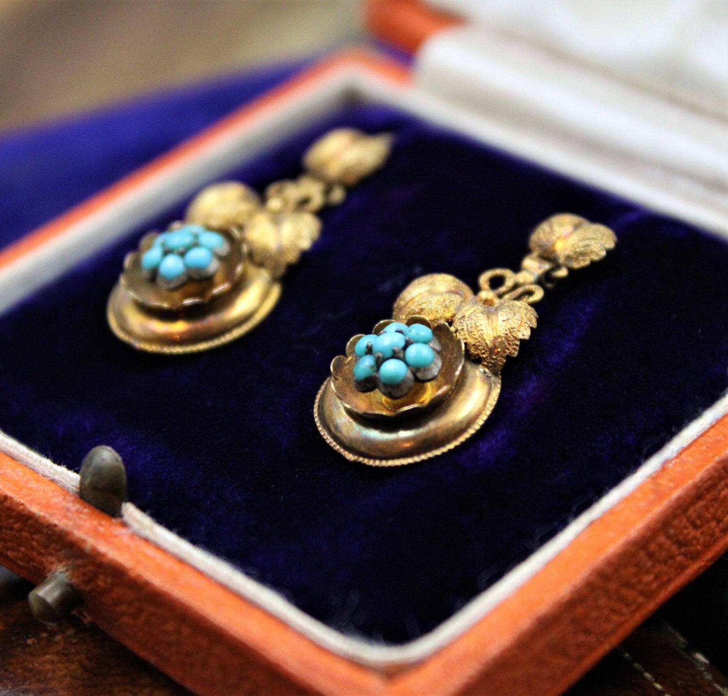 A fine pair of Victorian Foliate Drop Turquoise Earrings in High Carat Yellow Gold, English, Circa 1870 - Robin Haydock Antiques