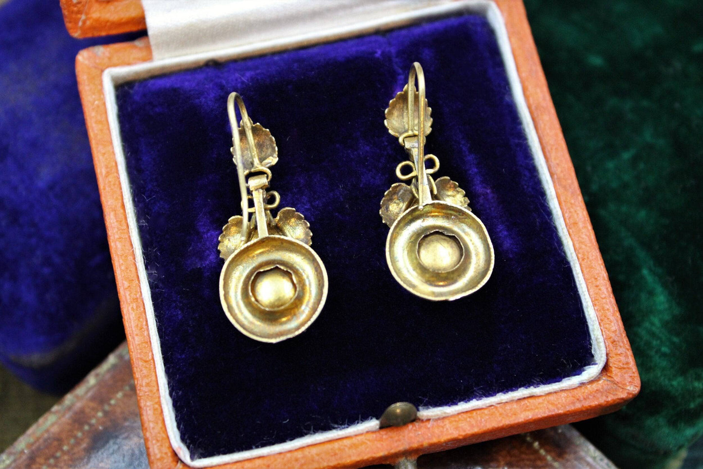 A fine pair of Victorian Foliate Drop Turquoise Earrings in High Carat Yellow Gold, English, Circa 1870 - Robin Haydock Antiques