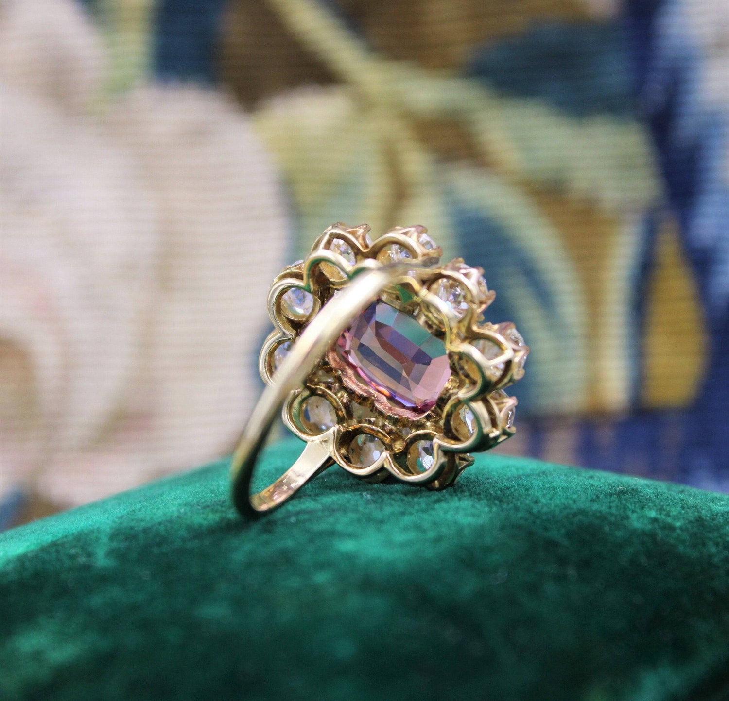 An extraordinary and rare 3.00 Carat Natural Pink Spinel & Diamond Cluster Ring set in 18 Carat Yellow Gold, English, Circa 1900 - Robin Haydock Antiques
