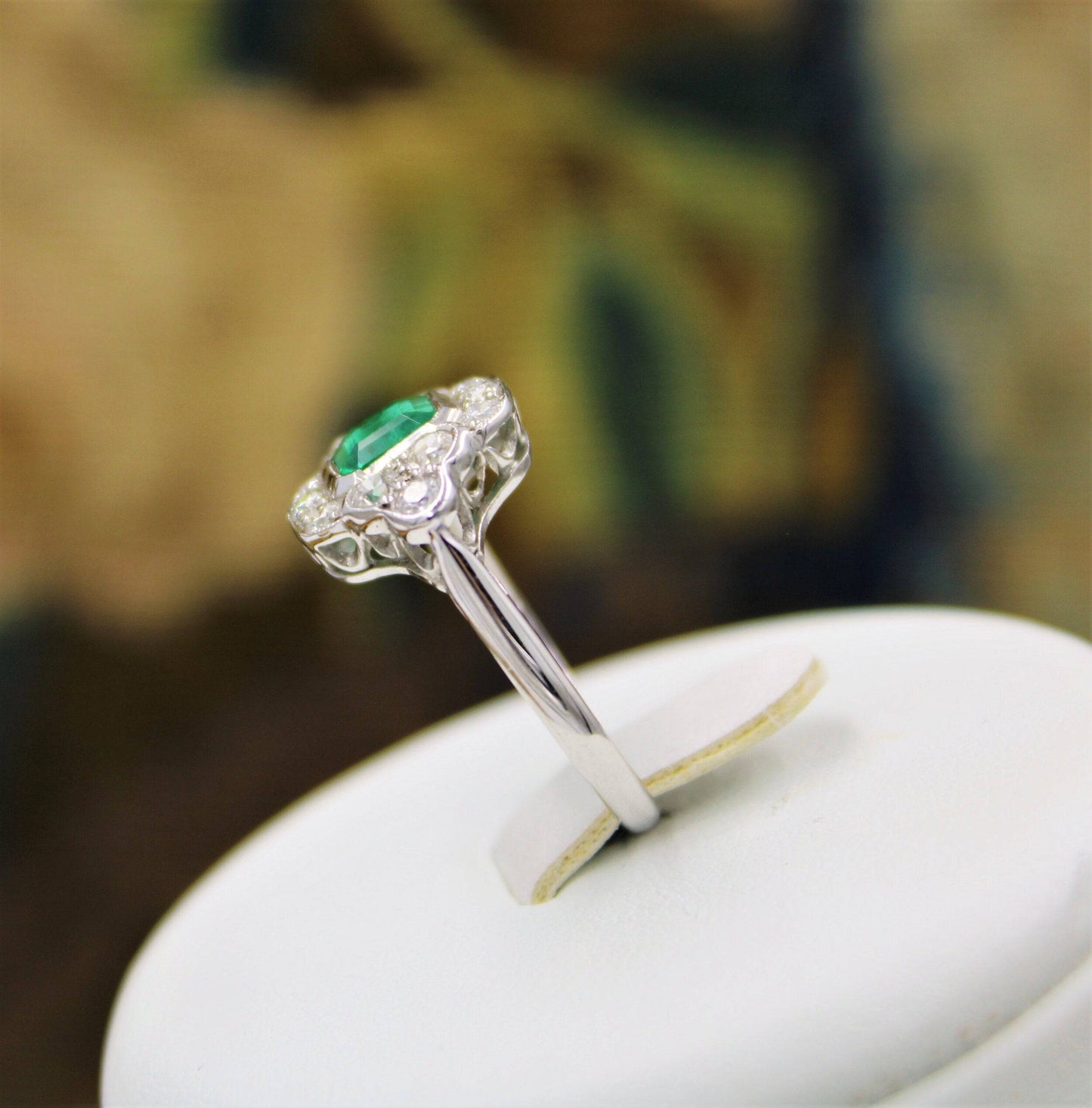 A very fine Emerald and Diamond Cluster Ring mounted in 18ct White Gold, English, Circa 1955 - Robin Haydock Antiques