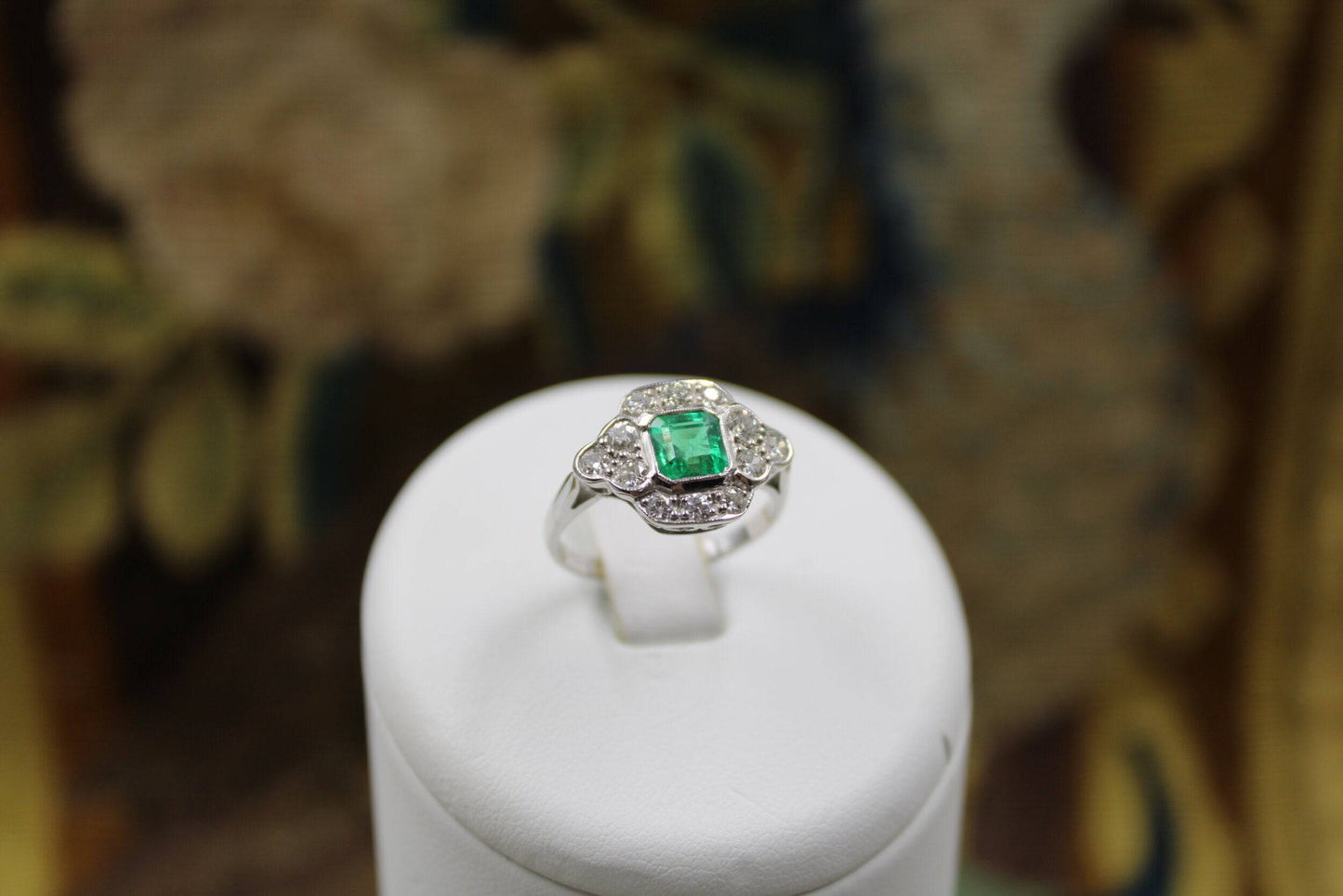 A very fine Emerald and Diamond Cluster Ring mounted in 18ct White Gold, English, Circa 1955 - Robin Haydock Antiques