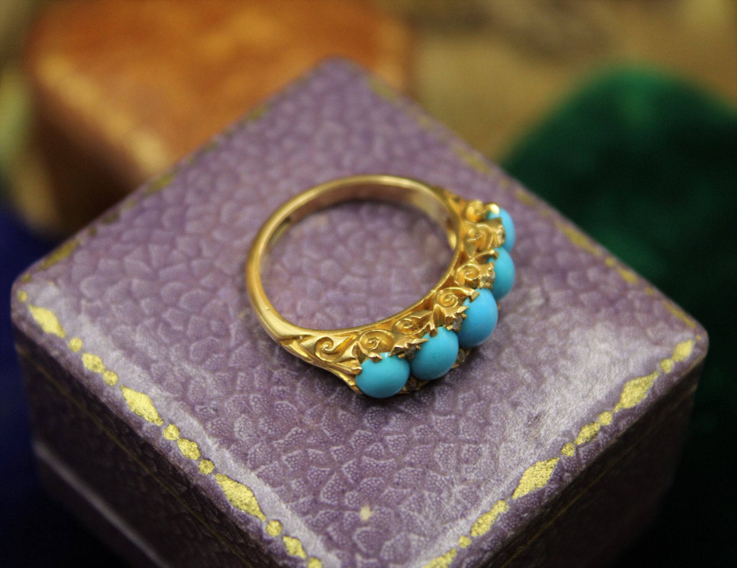 A Victorian Turquoise & Diamond Five Stone Ring set in 18ct Yellow Gold, English, Circa 1890 - Robin Haydock Antiques