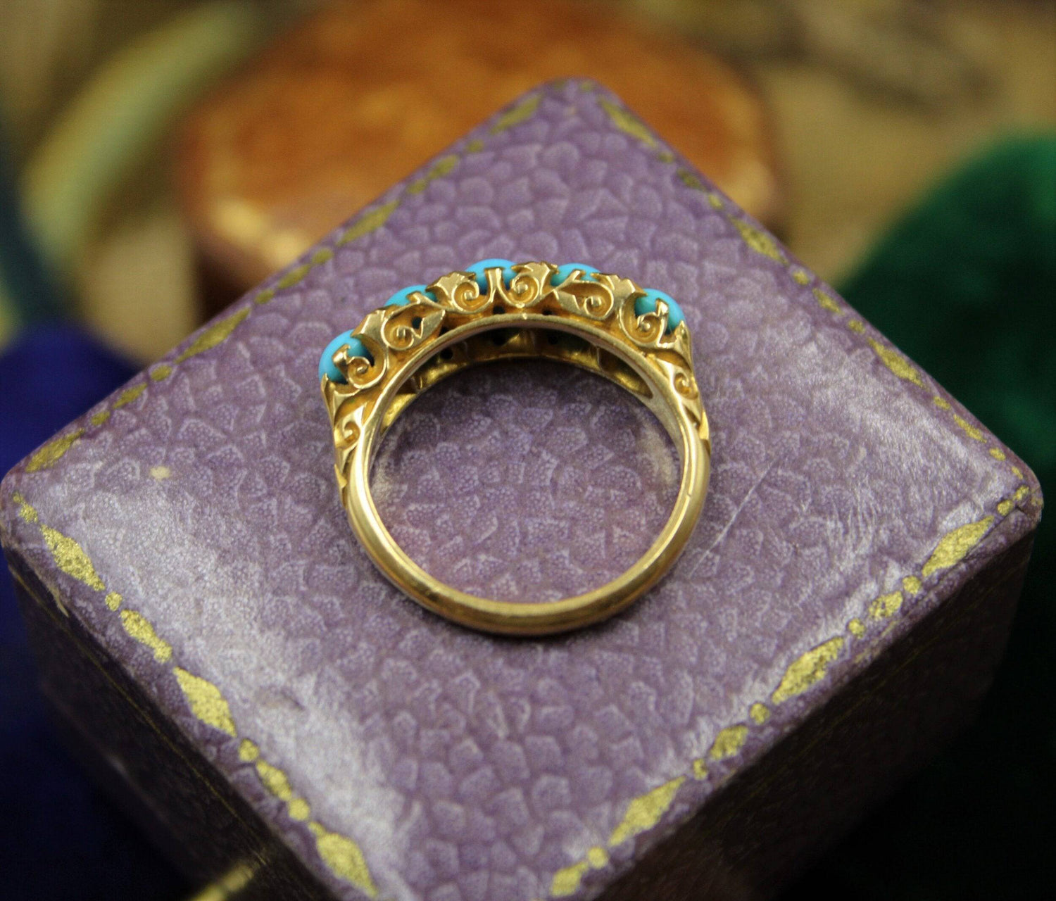 A Victorian Turquoise & Diamond Five Stone Ring set in 18ct Yellow Gold, English, Circa 1890 - Robin Haydock Antiques