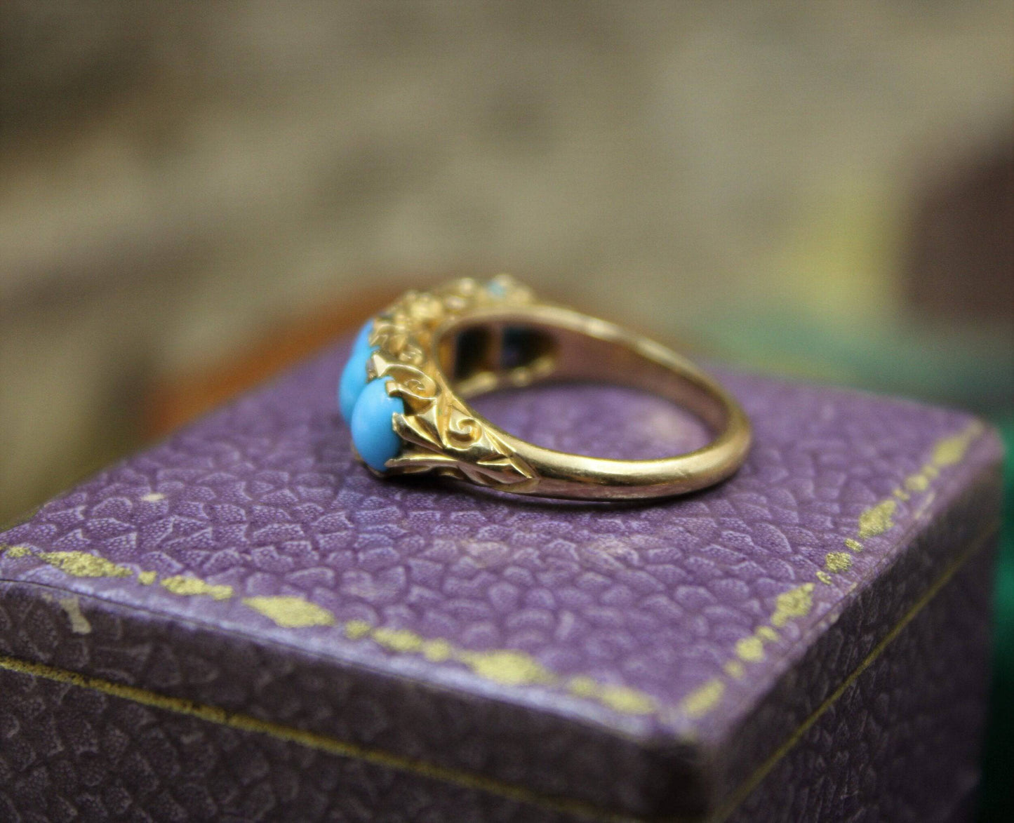 A Victorian Turquoise & Diamond Five Stone Ring set in 18ct Yellow Gold, English, Circa 1890 - Robin Haydock Antiques