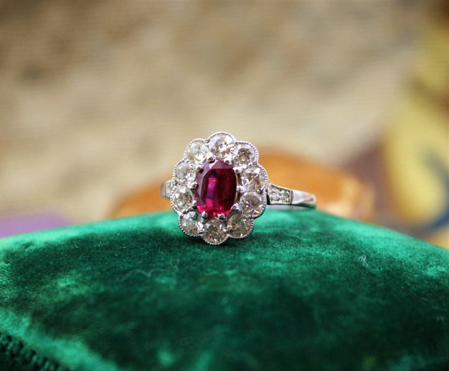 A very fine Siamese Ruby & Diamond Cluster Ring mounted in Platinum, English, Circa 1930 - Robin Haydock Antiques