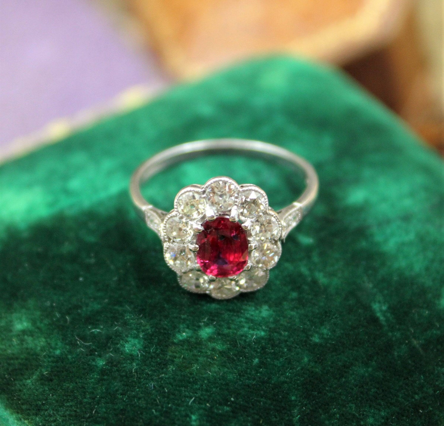 A very fine Siamese Ruby & Diamond Cluster Ring mounted in Platinum, English, Circa 1930 - Robin Haydock Antiques