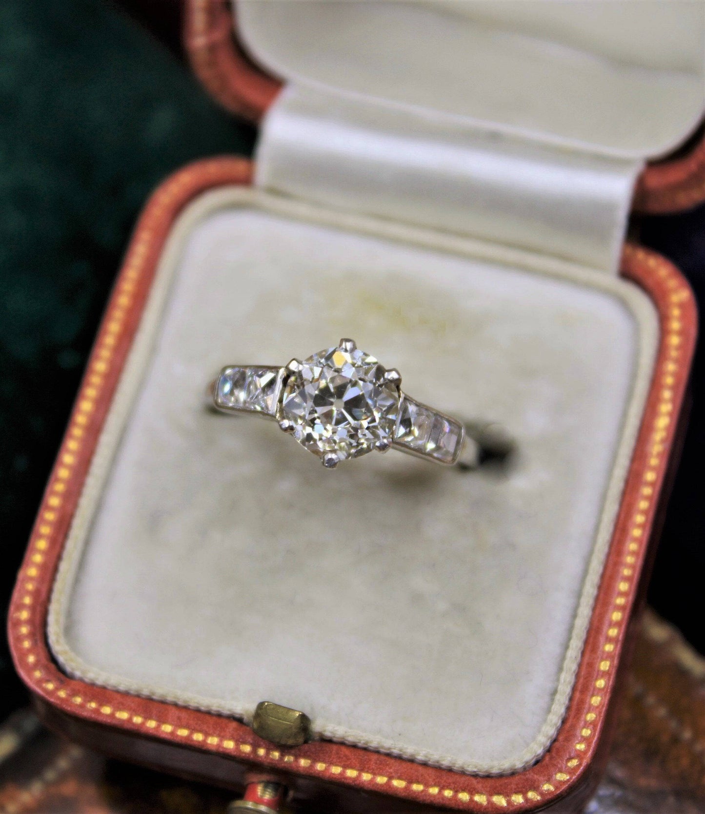 A very fine 1.60ct Old Cut Diamond & Platinum Solitaire Ring with French Cut Shoulders, English, Circa 1930 - Robin Haydock Antiques