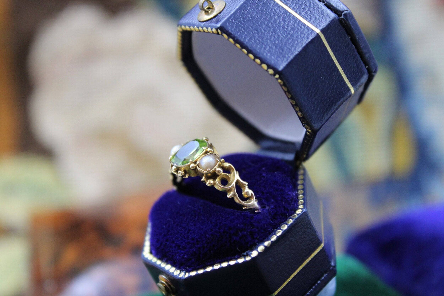 A very beautiful Peridot and Pearl set 15ct Yellow Gold Ring, English, Circa 1880 - Robin Haydock Antiques