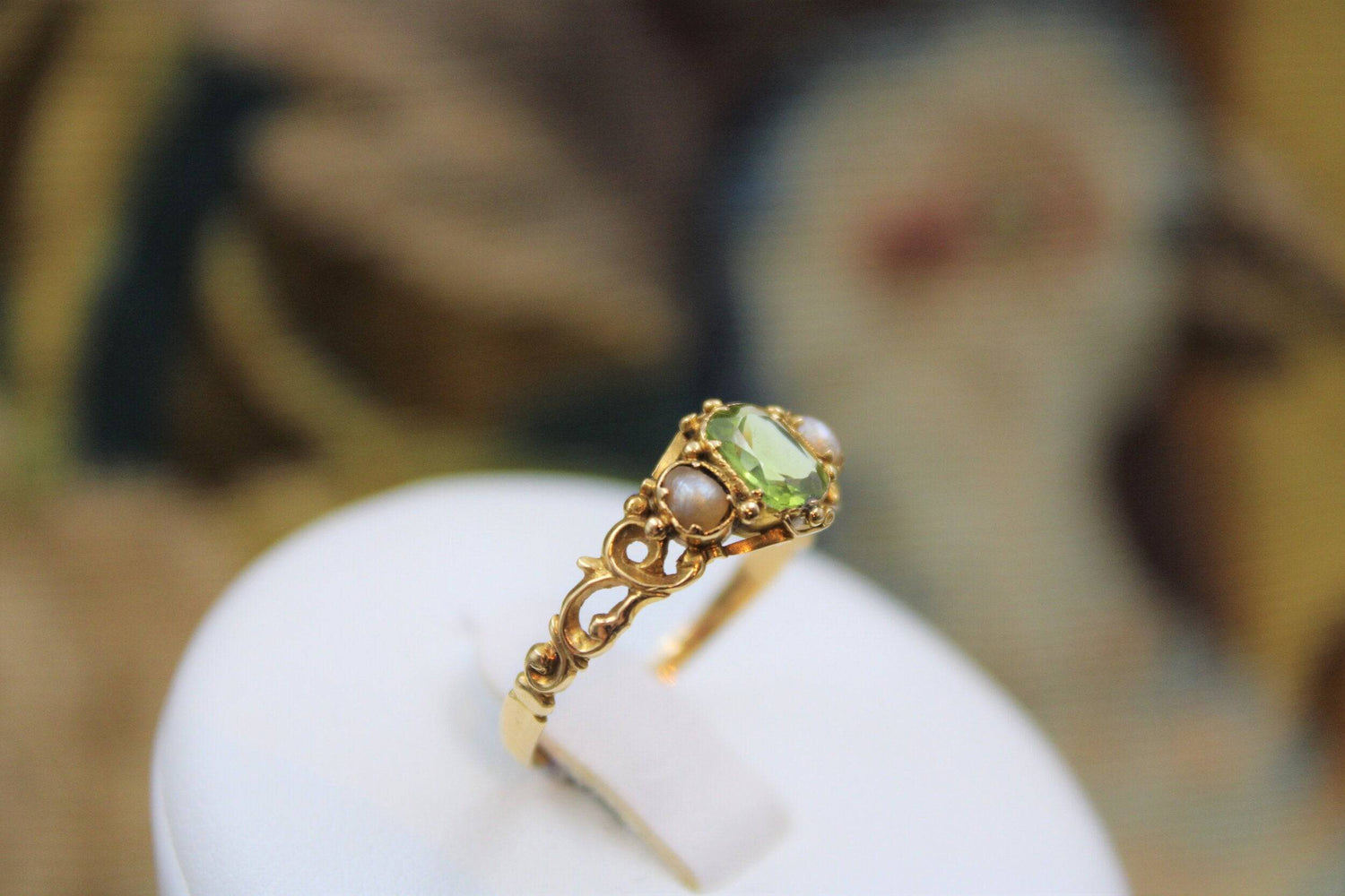 A very beautiful Peridot and Pearl set 15ct Yellow Gold Ring, English, Circa 1880 - Robin Haydock Antiques
