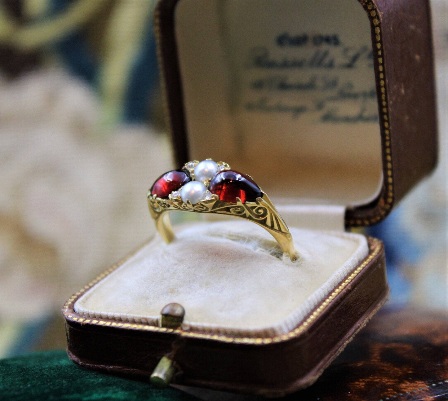 A very fine Victorian Pear Shaped Red Garnets, Pearls and Diamonds Ring set in High Carat Yellow Gold, English, Circa 1870 - Robin Haydock Antiques
