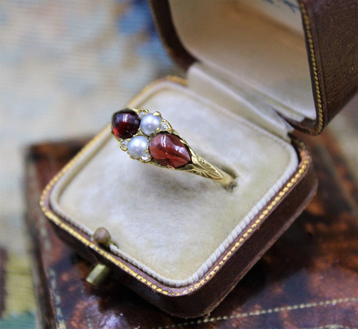 A very fine Victorian Pear Shaped Red Garnets, Pearls and Diamonds Ring set in High Carat Yellow Gold, English, Circa 1870 - Robin Haydock Antiques