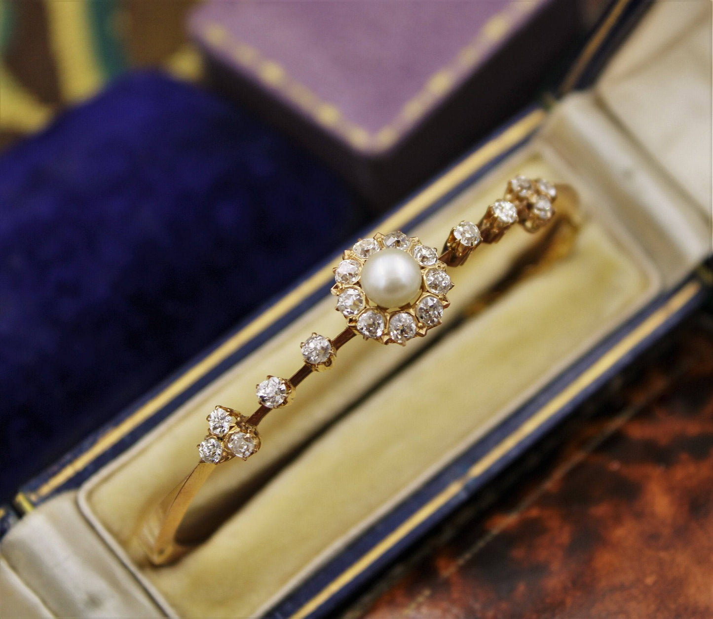 A very fine Victorian Natural Pearl & Diamond Cluster Bangle set in High Carat Yellow Gold, English, Circa 1900 - Robin Haydock Antiques