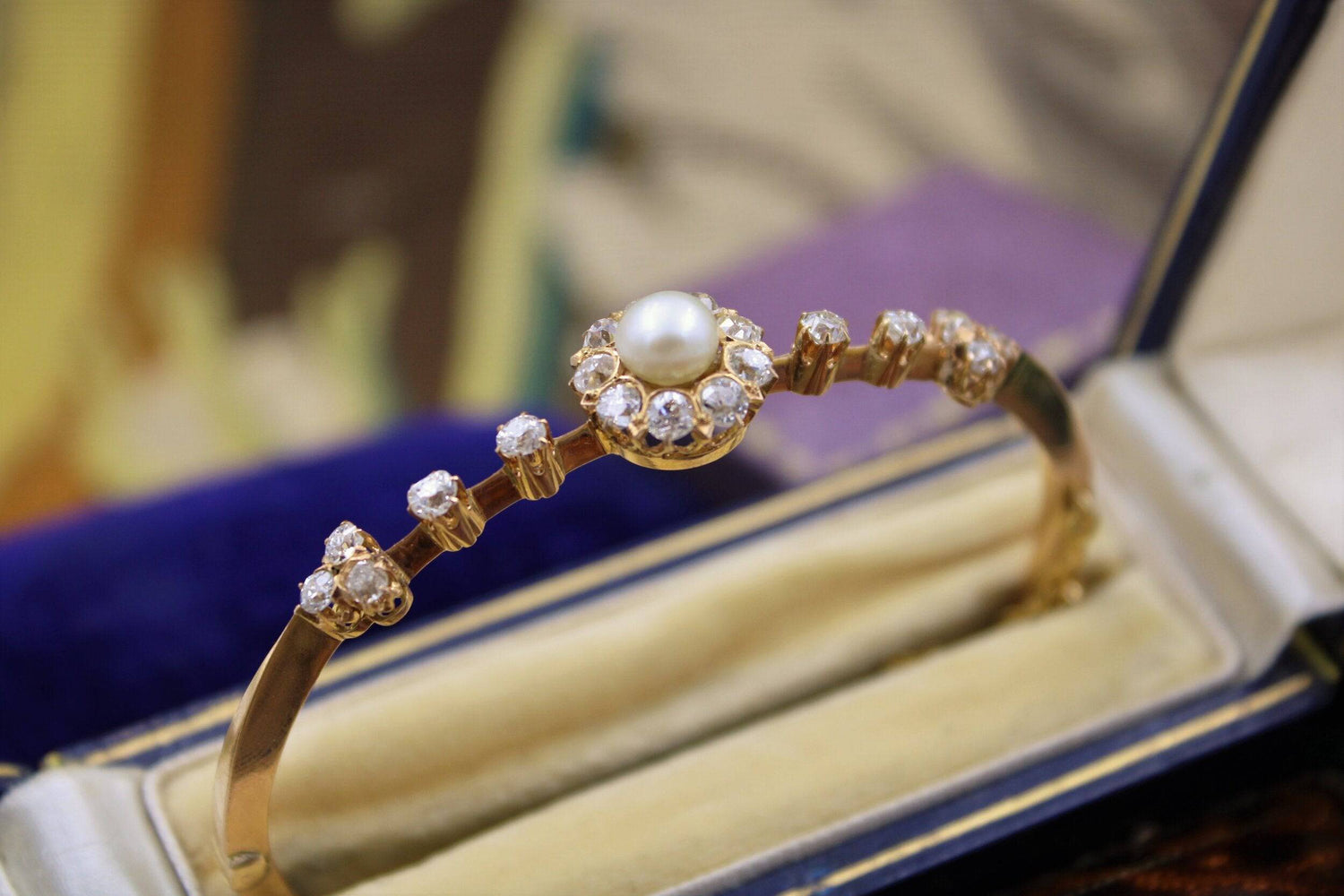 A very fine Victorian Natural Pearl & Diamond Cluster Bangle set in High Carat Yellow Gold, English, Circa 1900 - Robin Haydock Antiques