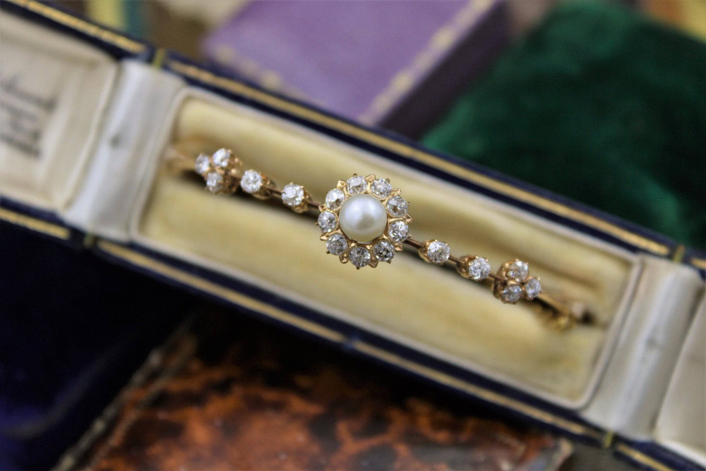 A very fine Victorian Natural Pearl & Diamond Cluster Bangle set in High Carat Yellow Gold, English, Circa 1900 - Robin Haydock Antiques