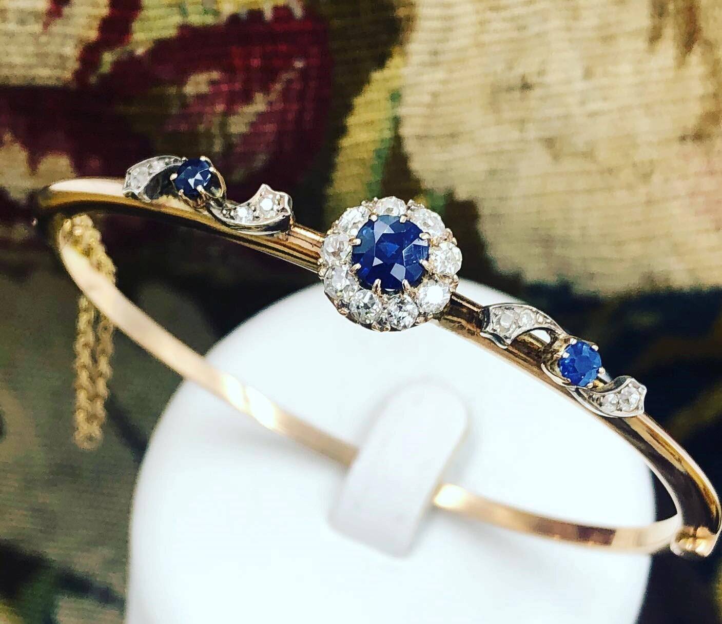 A very beautiful 15 Carat Yellow Gold (tested) Sapphire & Diamond half hinged and "knife edged style" Bangle, English, Circa 1890. - Robin Haydock Antiques