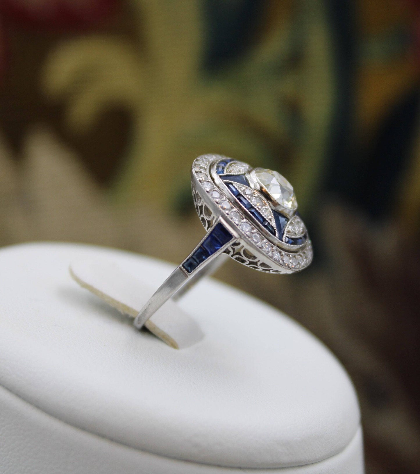 A very substantial Art Deco style Oval Diamond and Sapphire Plaque Ring, Mid to late 20th century. Pre-owned - Robin Haydock Antiques