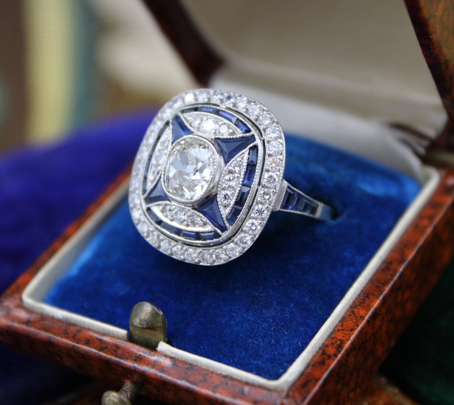 A very substantial Art Deco style Oval Diamond and Sapphire Plaque Ring, Mid to late 20th century. Pre-owned - Robin Haydock Antiques