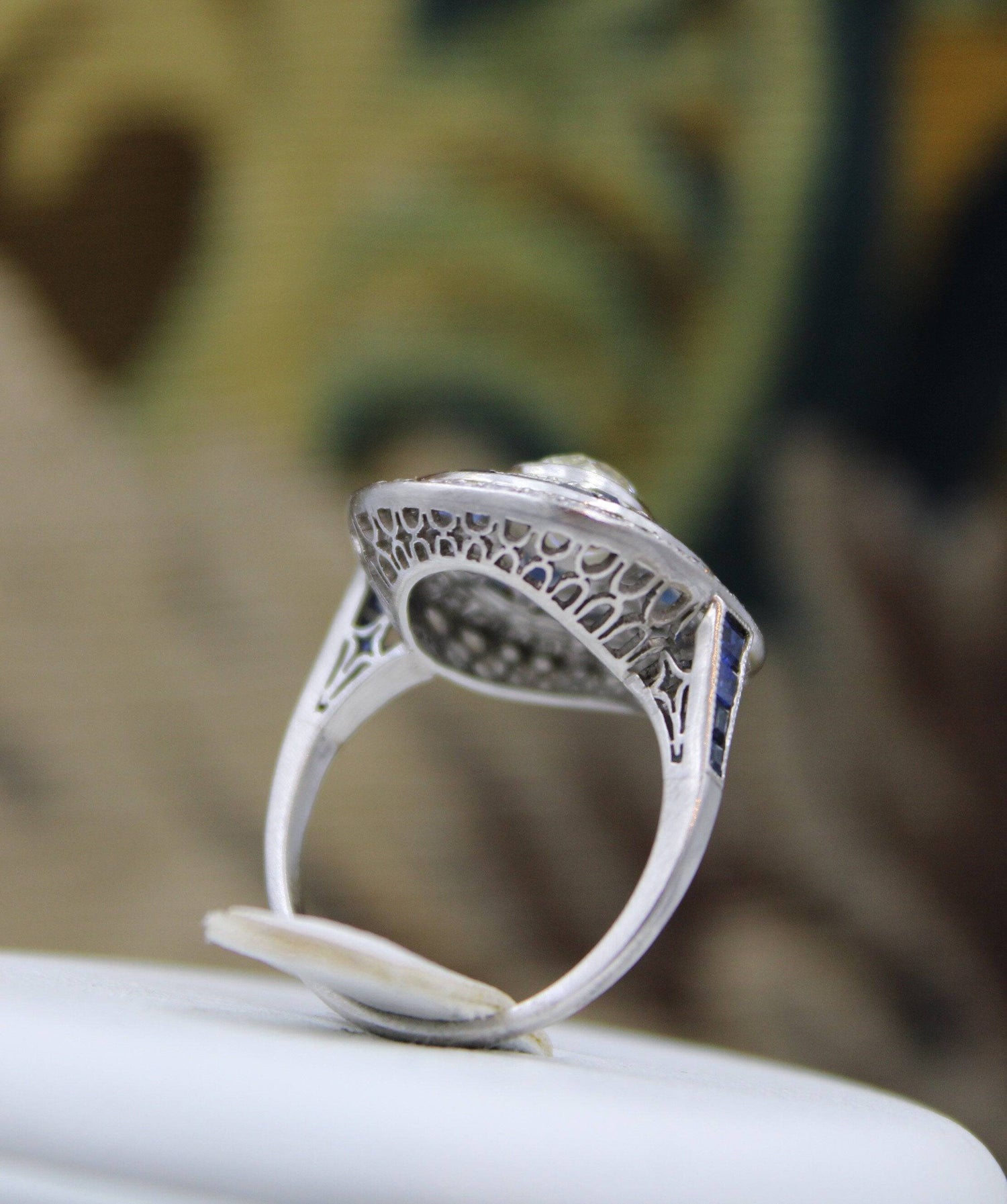 A very substantial Art Deco style Oval Diamond and Sapphire Plaque Ring, Mid to late 20th century. Pre-owned - Robin Haydock Antiques