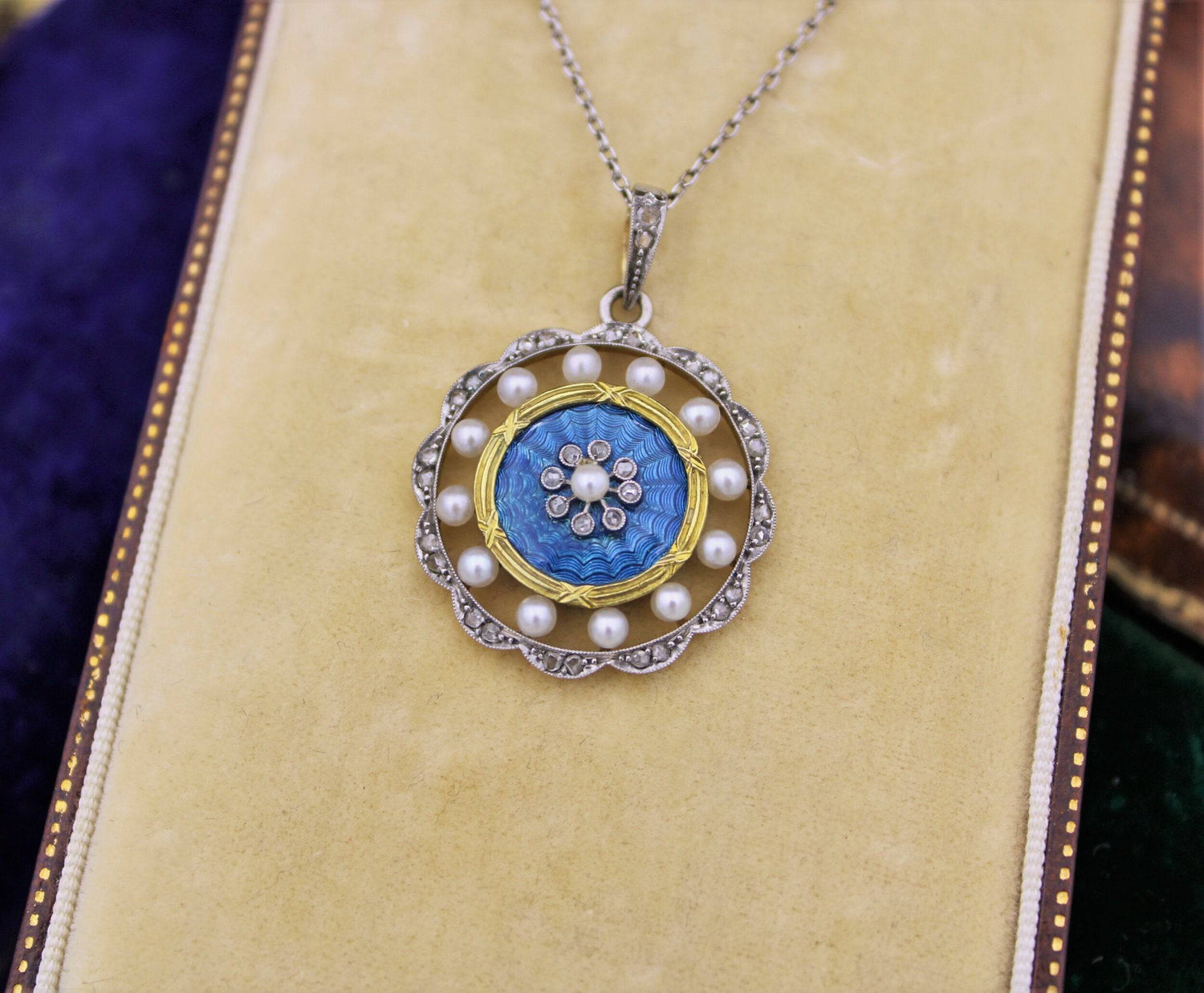 A very fine Edwardian Blue Enamel, Pearl & Diamond Pendant in 18ct Yellow Gold & Platinum, English, Circa 1905 - Robin Haydock Antiques