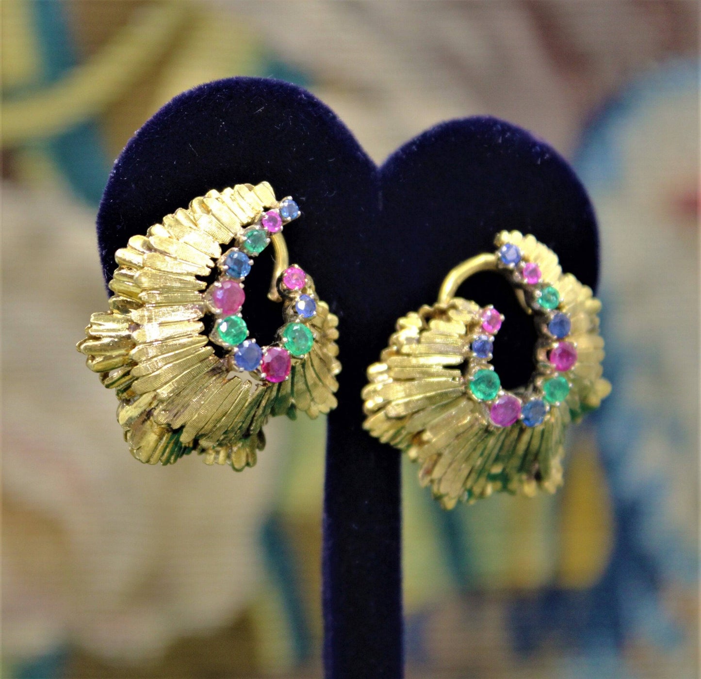 A very fine pair of Sapphire, Ruby & Emerald Earrings set in 18ct Yellow Gold, English, Circa 1980 - Robin Haydock Antiques