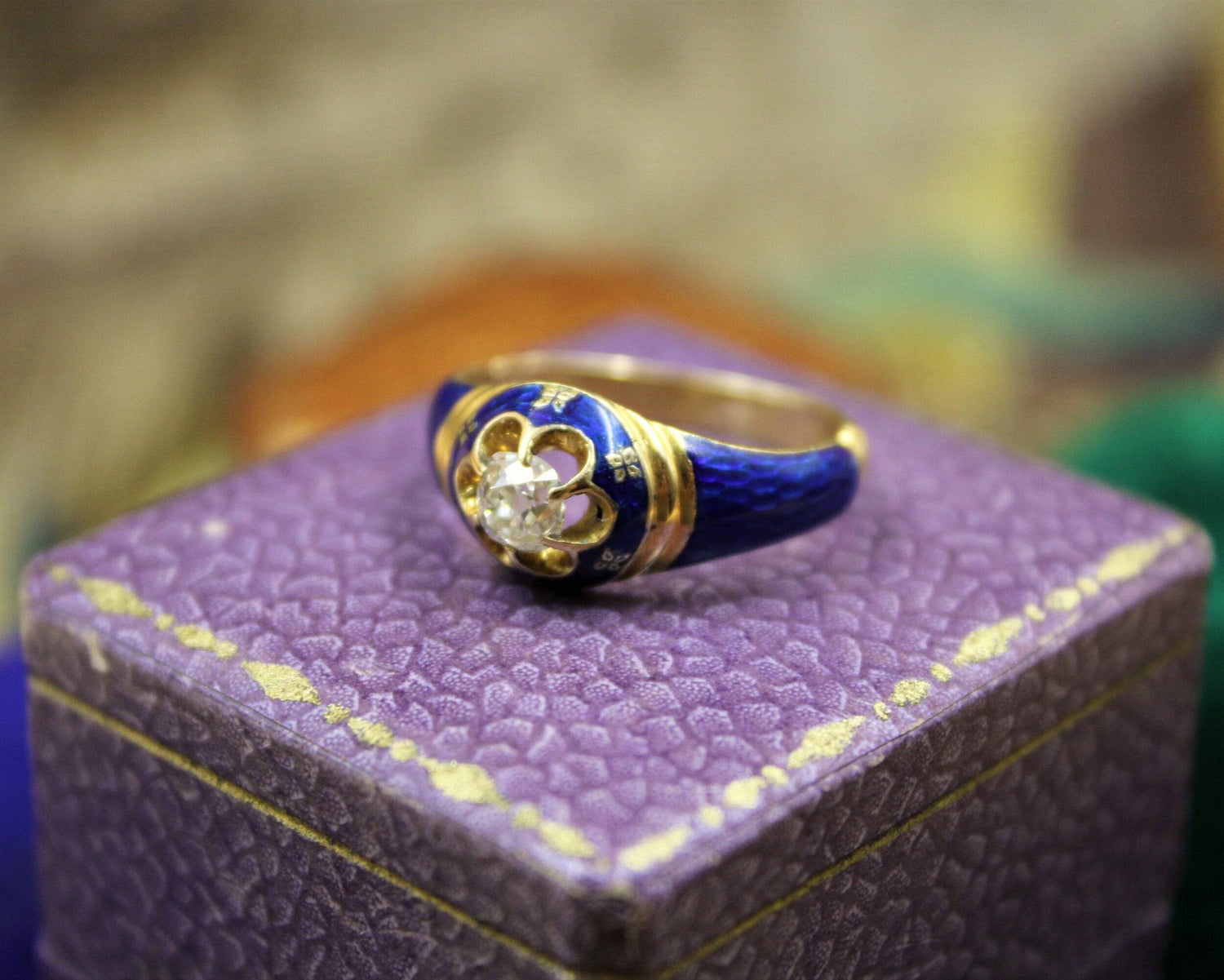 A very fine Diamond and Blue Enamel Mourning Ring set in 18ct Yellow Gold, English, Circa 1850 - Robin Haydock Antiques