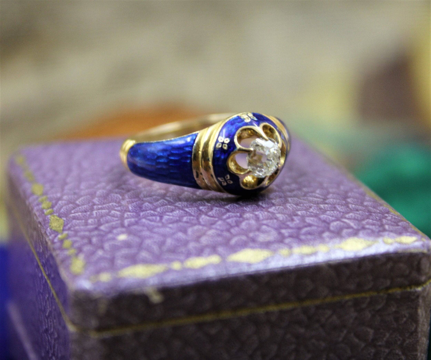 A very fine Diamond and Blue Enamel Mourning Ring set in 18ct Yellow Gold, English, Circa 1850 - Robin Haydock Antiques
