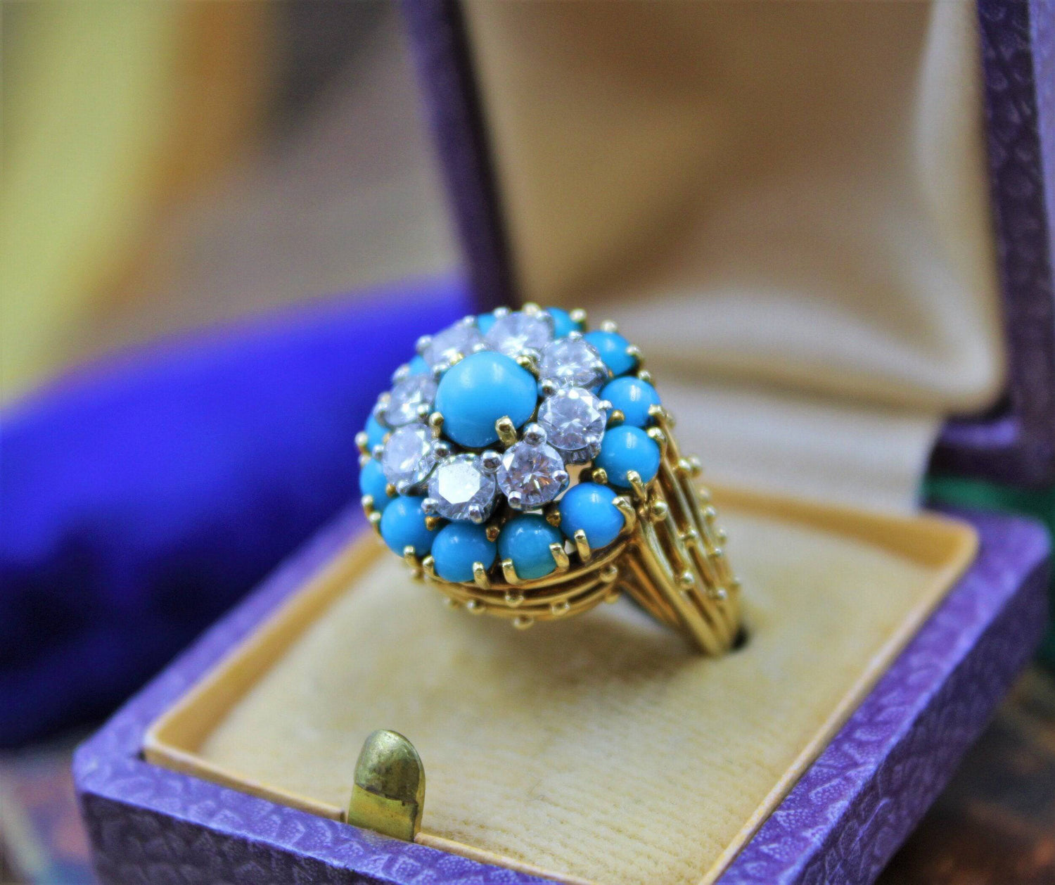 A stylish Turquoise & Diamond Cocktail Ring set in  18ct Yellow Gold, French, Circa 1960 - Robin Haydock Antiques