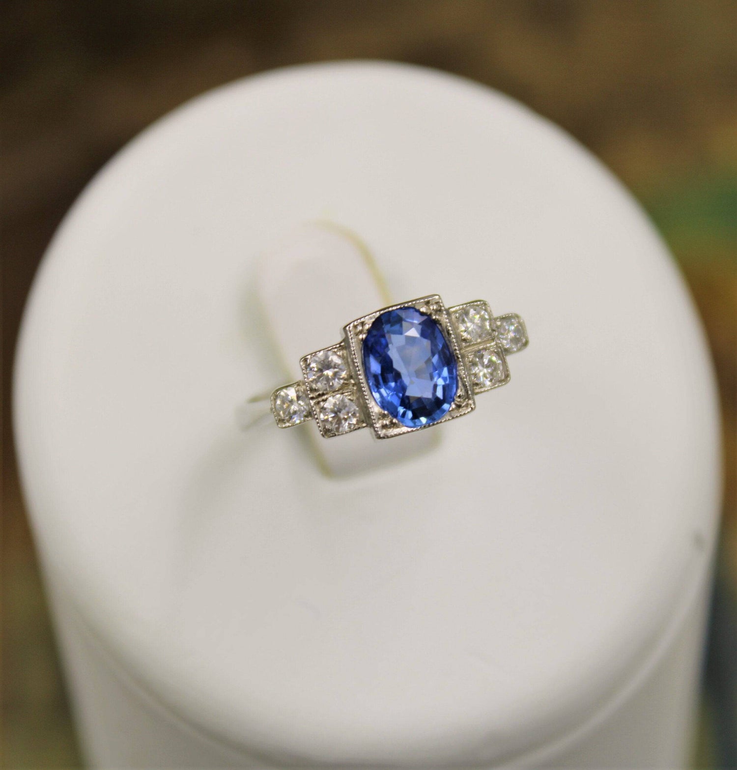 A very fine Art Deco Style Sapphire and Diamond Ring mounted in Platinum, Mid - Late 20th Century - Robin Haydock Antiques