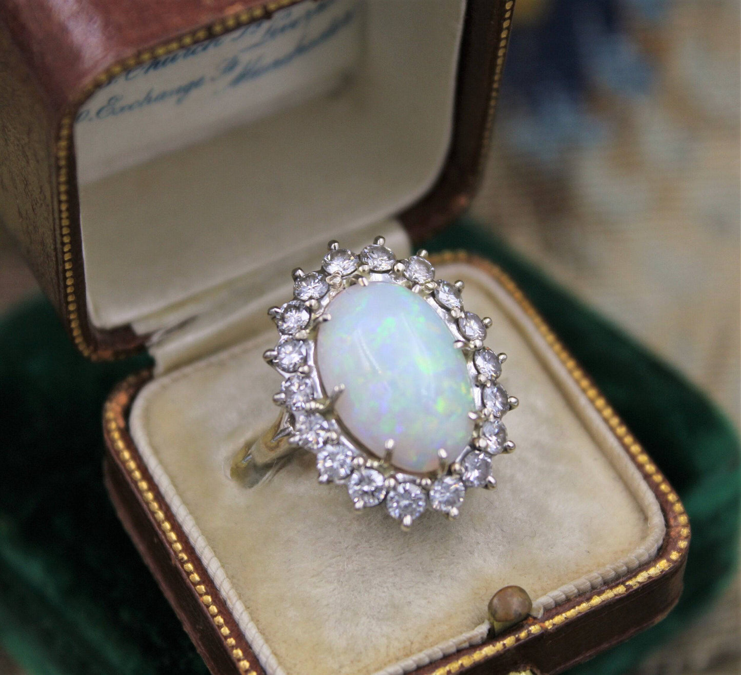 A very fine Opal and Diamond Cluster Ring set in 18ct White Gold, English, Circa 1960 - Robin Haydock Antiques