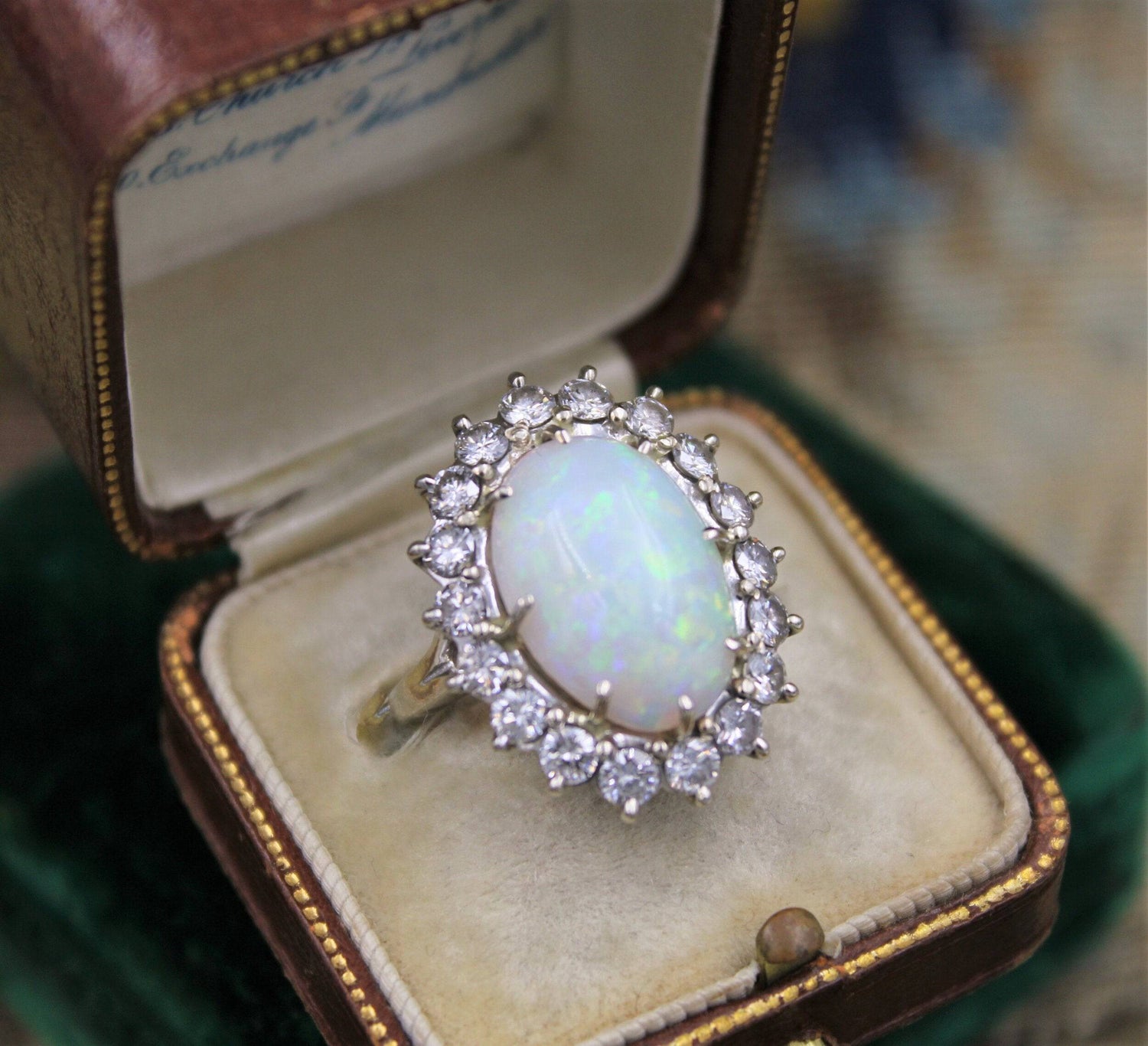 A very fine Opal and Diamond Cluster Ring set in 18ct White Gold, English, Circa 1960 - Robin Haydock Antiques